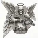 angel with no face holding colt m4  rifle crossed  tattoo design idea