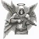 angel with no face holding colt m4  rifle crossed  tattoo design idea