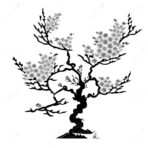 Japanese cherry blossom tree with a foo dog standing guard tattoo design idea