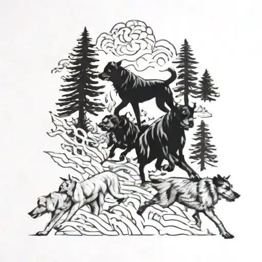 A detailed blackwork tattoo of a pack of dogs running through a forest, capturing the essence of the outdoors tattoo design idea