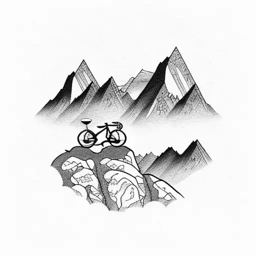 Mountain scene with bicycle and kitchen with a train tattoo design idea