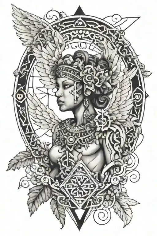 geometric angel with an oak tree in the background mixed with Aztec tribal patterns  tattoo design idea