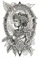 geometric angel with an oak tree in the background mixed with Aztec tribal patterns  tattoo design idea