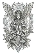 geometric angel with an oak tree in the background mixed with Aztec tribal patterns  tattoo design idea