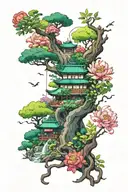 A colorful and vibrant tattoo of a Studio Ghibli inspired garden filled with unique and magical plants tattoo design idea