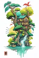 A colorful and vibrant tattoo of a Studio Ghibli inspired garden filled with unique and magical plants tattoo design idea