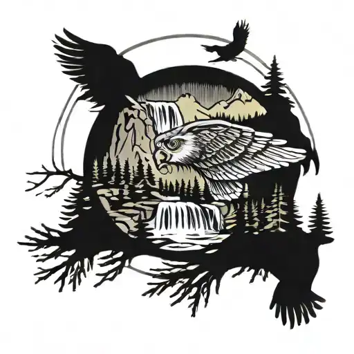 waterfall surrounded by sitka spruce douglas fir rocky mountains fog flying eagle wolf rabbit owl buck tattoo design idea