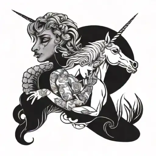 A unicorn and Mermaid smoking a joint surrounded by a rainbow tattoo design idea