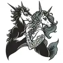 A unicorn and Mermaid smoking a joint surrounded by a rainbow tattoo design idea