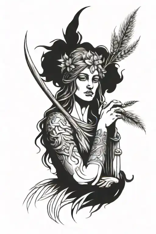 Goddess Demeter with a sickle and wheat in her hands tattoo design idea
