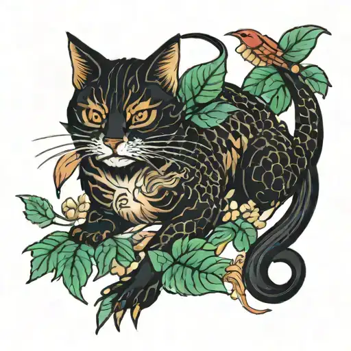 cat dragon with leafs and birds tattoo design idea