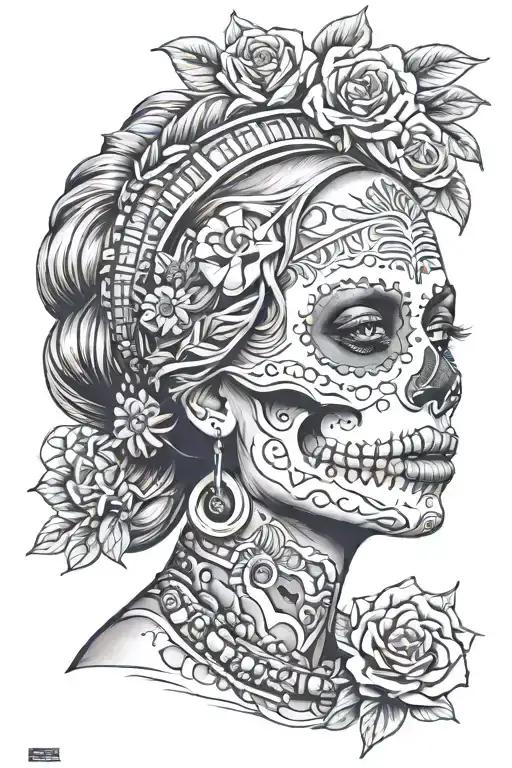 candy skull native woman with native written on bottom tattoo design idea