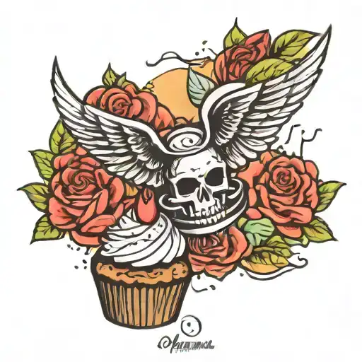 memorial, wings, cupcake surrounded tattoo design idea