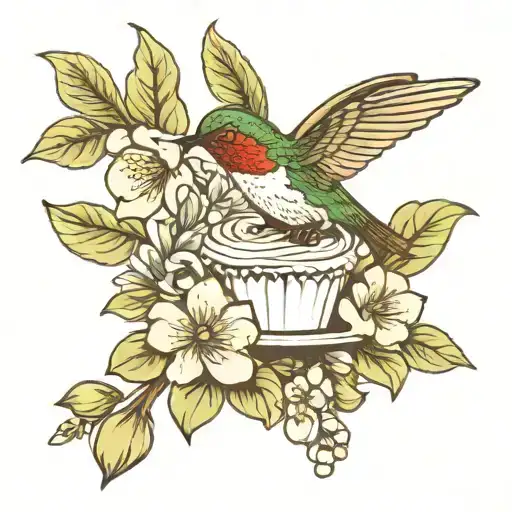 humming bird with flowers, cupcake design tattoo design idea