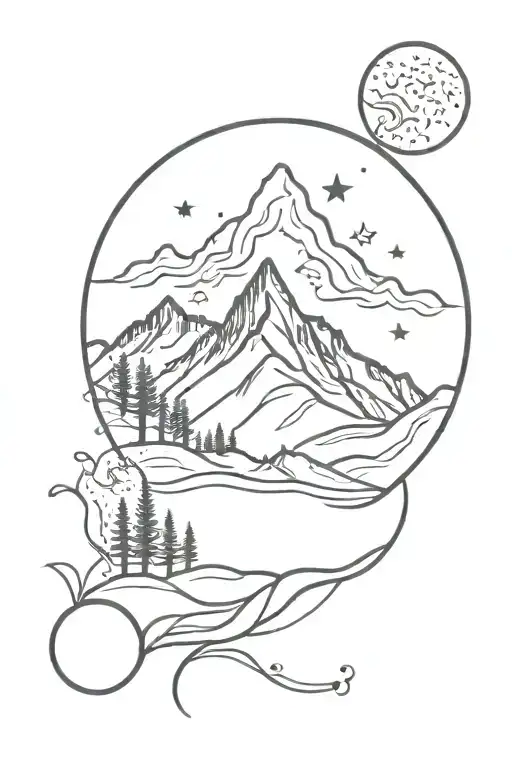 mountain in circle with moon and stars going outward tattoo design idea