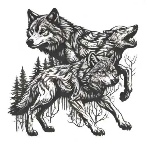 two wolves running away in the forest tattoo design idea