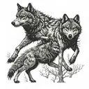 two wolves running away in the forest tattoo design idea