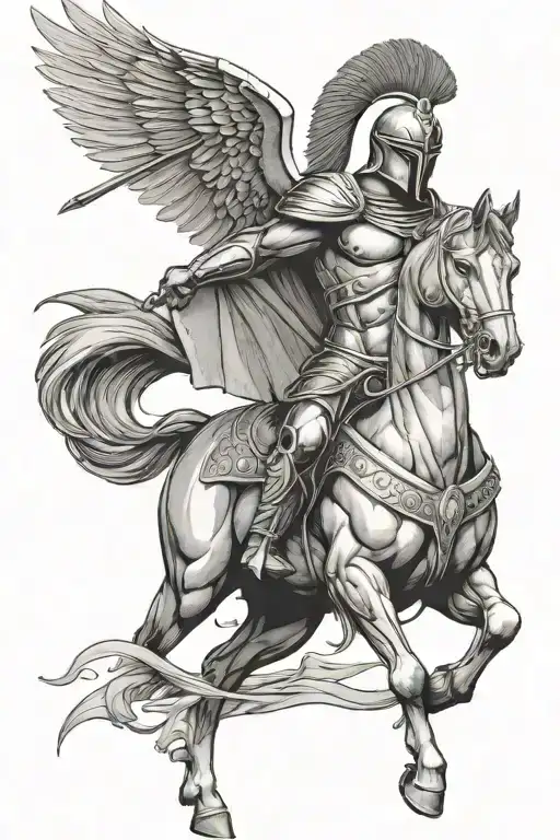 Spartan with sword on Troy horse with wings tattoo design idea