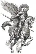 Spartan with sword on Troy horse with wings tattoo design idea