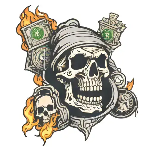 Flaming skull with money bags  tattoo design idea