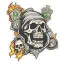 Flaming skull with money bags  tattoo design idea