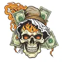 Flaming skull with money bags  tattoo design idea