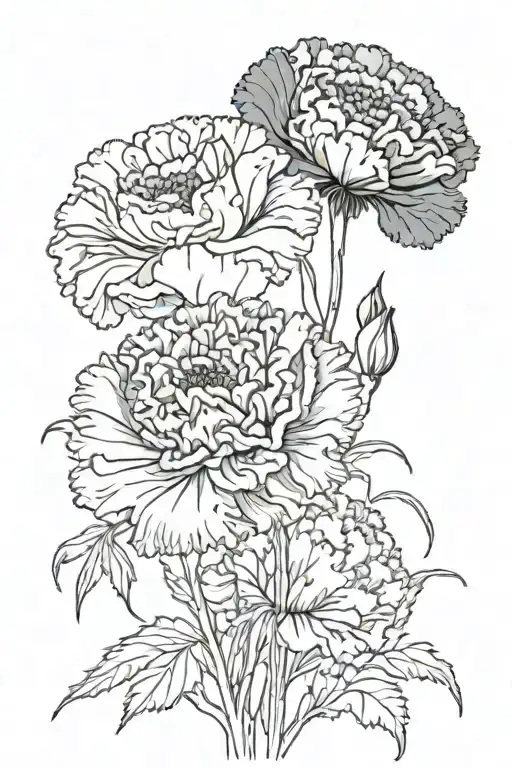  bouquet of flowers in black. 3 flowers are carnations, two are morning glorys, one is a poppy, and one is a marigold  tattoo design idea