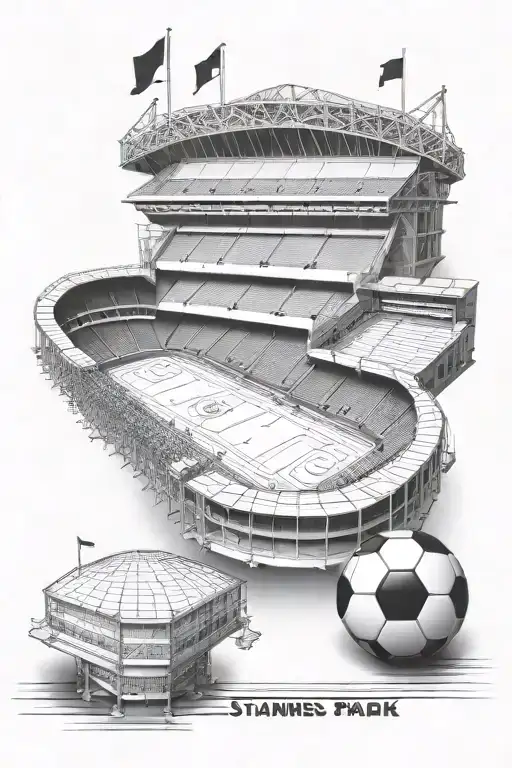 A detailed black and grey tattoo of St James' Park stadium with snooker and football motifs intertwined tattoo design idea