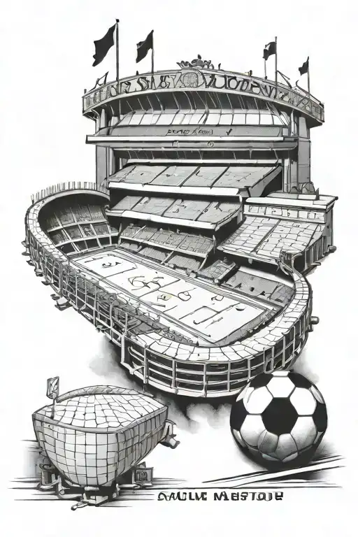 A detailed black and grey tattoo of St James' Park stadium with snooker and football motifs intertwined tattoo design idea