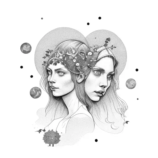 3 heads of women as the allegory of prudence, ivy leaves, moon in the background, dark tattoo design idea