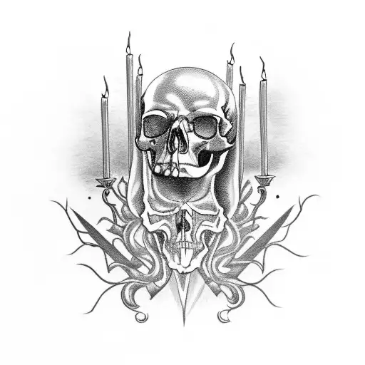 crow skull, candles, coffin, satanic symbol tattoo design idea