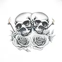 skull of a raven animal, candles, black roses, dark style, a tombstone tattoo design idea