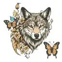 wolf and butterfly resting tattoo design idea