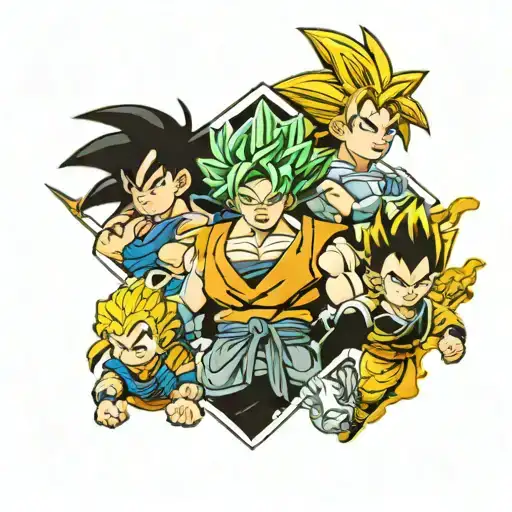 A tattoo featuring a goku from dragon ball z, osta from black clover and tanjiro from demon slayer tattoo design idea