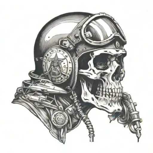 Skull wearing a WW2 MUSTANG PLANE pilot helmet with Jesus standing in the background tattoo design idea
