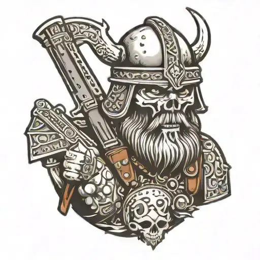 A Viking warrior holding a WW2 rifle, with a skull helmet tattoo design idea