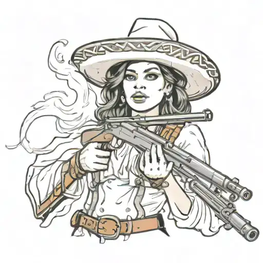 Adelita, female, rifle, smoke, bullets, Mexican, hat tattoo design idea