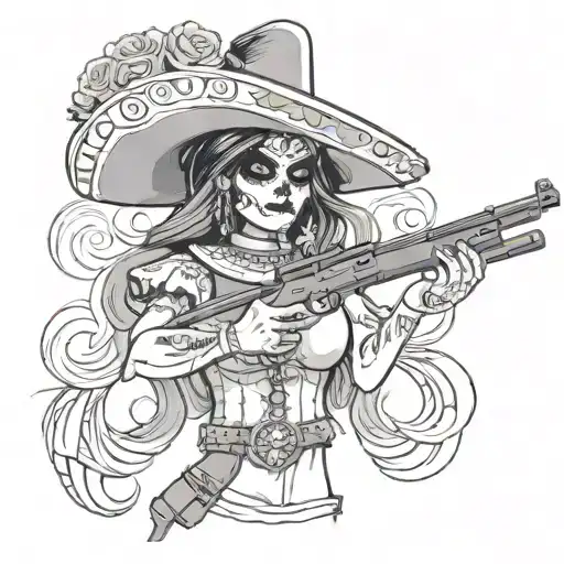 Adelita, female, rifle, smoke, bullets, Mexican, sombrero, cleavage, date of the dead face paint tattoo design idea