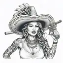 Adelita,rifle, smoke, bullets, Mexican, sombrero, cleavage, smile, realistic, nipple, braids tattoo design idea