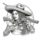 Adelita,rifle, smoke, bullets, Mexican, sombrero, cleavage, smile, realistic, nipple, braids tattoo design idea