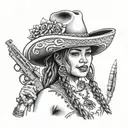 Adelita,rifle, smoke, bullets, Mexican, sombrero, cleavage, smile, realistic, nipple, braids tattoo design idea