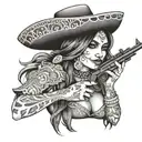 Adelita, female, rifle, smoke, bullets, Mexican, sombrero, cleavage, date of the dead face paint, smile, realistic tattoo design idea