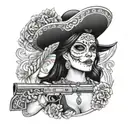 Adelita, female, rifle, smoke, bullets, Mexican, sombrero, cleavage, date of the dead face paint, smile, realistic tattoo design idea