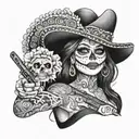 Adelita, female, rifle, smoke, bullets, Mexican, sombrero, cleavage, date of the dead face paint, smile, realistic tattoo design idea