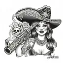 Adelita, female, rifle, smoke, bullets, Mexican, sombrero, cleavage, date of the dead face paint, smile, realistic tattoo design idea