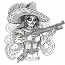 Adelita, female, rifle, smoke, bullets, Mexican, sombrero, cleavage, date of the dead face paint tattoo design idea