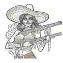 Adelita, female, rifle, smoke, bullets, Mexican, sombrero, cleavage, date of the dead face paint tattoo design idea