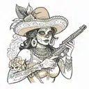 Adelita, female, rifle, smoke, bullets, Mexican, sombrero, cleavage, date of the dead face paint tattoo design idea