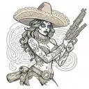 Adelita, female, rifle, smoke, bullets, Mexican, sombrero, cleavage, date of the dead face paint tattoo design idea