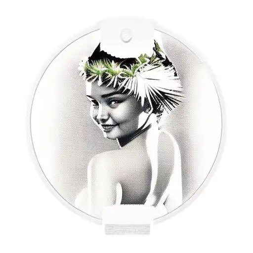 Hawaiian hula girl in a bikini with Miranda kerr's face, framed by palm trees at sunset tattoo design idea